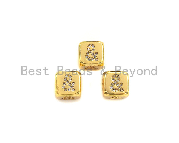 CZ Micro Pave & Symbol Shape Dice Spacer Beads, Cubic Zirconia Cube NAME Spacer Beads, 24k Gold Tone, 8.5mm,sku#Z718