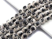 Quality Dzi Black White Aage with Flower Patten Beads, Round Faceted Tibetan Agate, 10mm beads, 15.5inch strand, SKU#U558
