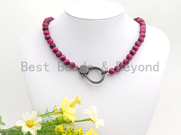 PINK Tiger eye Attachment Necklace with Large CZ Pave Gunmetal clasp, 16"/18" long, sku#D40