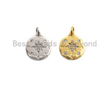 Clear CZ Micro Pave North Star Coin Pendant/Charm,Star Cubic Zirconia Pendant, Silver/Gold Tone,15x17mm,Sku#Z431