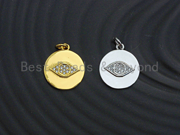 Clear CZ Micro Pave Evil Eye on Disc Coin Pendant/Charm,Evil Eye Cubic Zirconia Pendant, Silver/Gold Tone,14x17mm,Sku#Z440 Bestbeads&Beyond