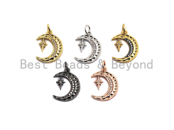 CZ Micro Pave Crescent Moon With North Star Pendant, Cubic Zirconia Pendant, Silver/Gold/Rose Gold/Black Tone,13x17mm, Sku#Z485