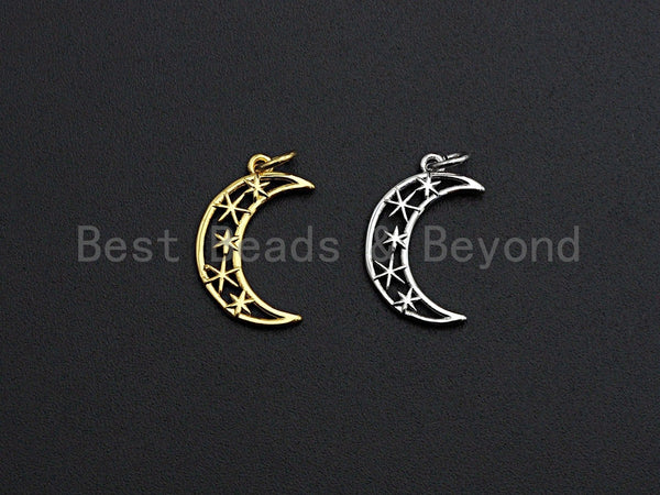 Crescent Moon North Star Hollow Out Pendant, Cubic Zirconia Pendant, Silver/Gold Tone,12x19mm, Sku#Z486