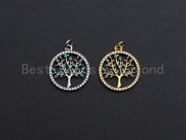 Turquoise CZ Micro Pave Hollow out Tree Round Pendant/Charm, Tree Cubic Zirconia Pendant, Silver/Gold Tone,18x21mm,Sku#Z495