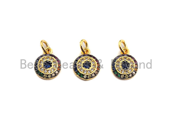 Colorful CZ Micro Pave Evil Eye on Disc Pendant/Charm,Round Evil Eye CZ Pendant, 24K Gold Tone,9x12mm,Sku#Z525 Bestbeads&Beyond