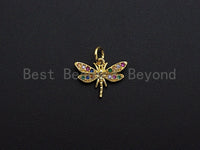 Colorful CZ Micro Pave Dragonfly Shape Pendant,Cubic Zirconia Dragonfly Charm, Gold Tone, 12x16mm,sku#Z739