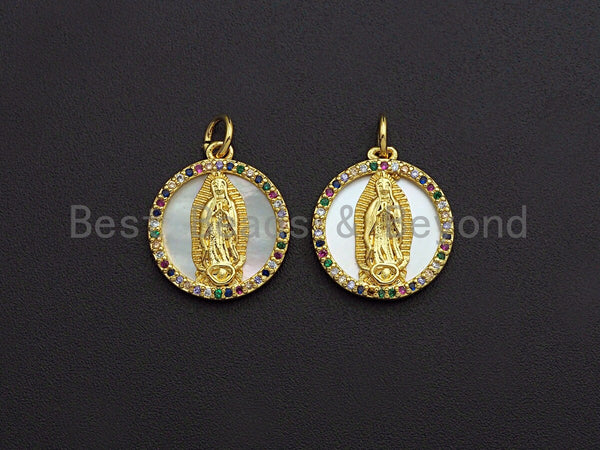 CZ Micro Pave Gold Mary on Mother-of-pearl Coin Pendant/Charm, Cubic Zirconia Pendant Charm, Religious Charm, 16x17mm,sku#Z748