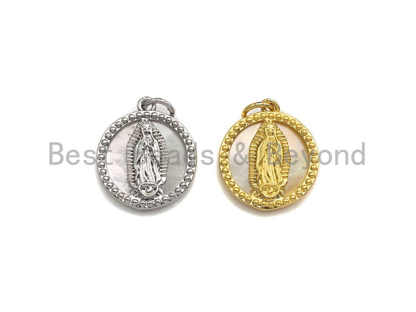 CZ Micro Pave Mary on Mother-of-pearl Coin Pendant/Charm, Cubic Zirconia Pendant Charm, Religious Charm, 15x18mm,sku#Z687