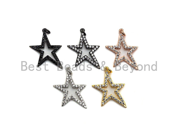 Clear/Black CZ Micro Pave Five Star Shape Pendant, Star Cubic Zirconia Pendant, Silver/Gold/Rose Gold/Black Tone, 13x23mm,Sku#X135