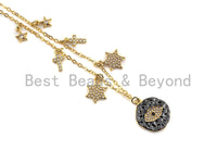 Gold Evil Eye Coin CZ Charm Necklace, Coin Necklace, Cross Star Necklace, Layering Necklace/Gold Disc Necklace, Dainty Necklace, Sku#Z710