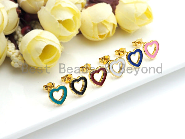 Colorful Open Heart Enamel Earrings, Enamel Heart Stud Earrings, Enamel Pave Jewelry, 9mm, sku#J215