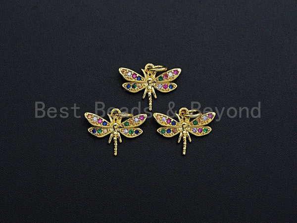 Colorful CZ Micro Pave Dragonfly Shape Pendant,Cubic Zirconia Dragonfly Charm, Gold Tone, 12x16mm,sku#Z739