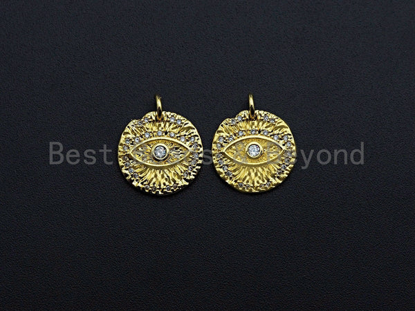 Clear CZ Micro Pave Evil Eye on Disc Pendant/Charm, Embossment Brass Lucky eye Cubic Zirconia Pendant, Gold Tone, 15mm,Sku#Z765