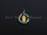Colorful CZ Micro Pave Virgin Mary On Round/Heart Shape Pendant, Mary pendant, Religious Charm, 15mm, sku#Z771
