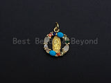 Colorful CZ Micro Pave Virgin Mary On Round/Heart Shape Pendant, Mary pendant, Religious Charm, 15mm, sku#Z771