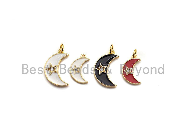 Enamel Moon Star charm, Black Red White Gold CZ Half Moon Pendant, Enamel Moon charm, 10x19mm/18x21mm, sku#FH14