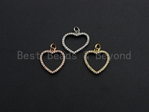 Clear CZ Micro Pave Open Heart Shape Pendant/Charm, Heart Cubic Zirconia Pendant, Silver/Gold/Rose Gold Tone,15x21mm,Sku#FH19