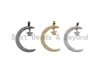 CZ Micro Pave Crescent Moon and Star Pendant ,Gold/Silver/Black,Cubic Zirconia Jewelry Findings, 5x44mm,sku#X138