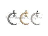 CZ Micro Pave Crescent Moon and Star Pendant ,Gold/Silver/Black,Cubic Zirconia Jewelry Findings, 5x44mm,sku#X138 Bestbeads&Beyond