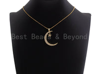 CZ Micro Pave Crescent Moon and Star Pendant ,Gold/Silver/Black,Cubic Zirconia Jewelry Findings, 5x44mm,sku#X138