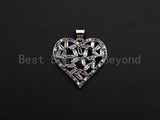 Bagette CZ Micro Pave Filigree Heart Pendant, Heart Shaped Pave Pendant, Gold/Rose Gold/Silver/Gunmetal plated, 28mm, Sku#FH44