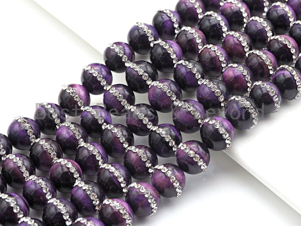 High Quality Purple Tiger Eye with Rhinestone Inlaid, 6mm/8mm/10mm/12mmRound Tiger Eye Beads, 15.5'' Full Strand, SKU#V55