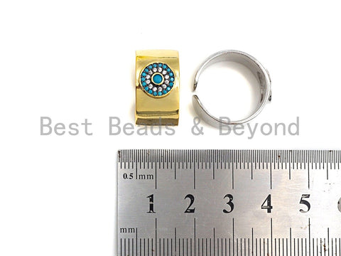 Turquoise CZ Micro Pave Round Disc Ring, Cubic Zirconia Gold/Silver Ring, Adjustable Ring, Open Ring, 11x20mm,sku#Z784