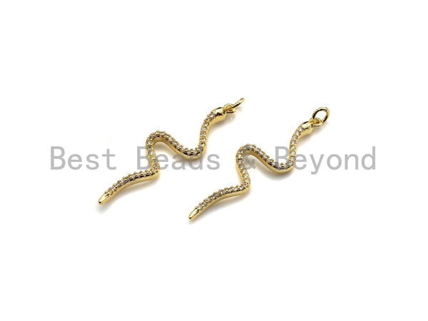 Clear CZ Micro Pave Snake Shape Pendant/Charm, Snakea Cubic Zirconia Pendant,Gold Tone, 10x39mm,Sku#Z795