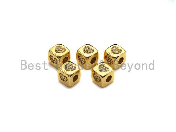 CZ Micro Pave Heart Cube Spacer Beads, Cubic Zirconia Cube Spacer Beads, Gold/Silver Tone, 8.5mm, sku#Z809
