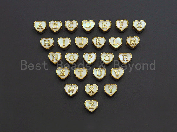 New Trendy Gold Mother of Pearl  A-Z 26 Initials Letter Heart Space Beads, Initial Letter Beads, 7x9x10mm,sku#G420
