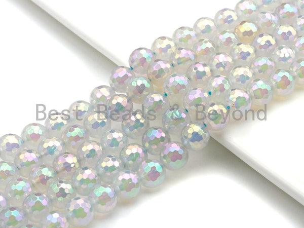 Mystic Plated Rainbow White Agate Beads, 6mm/8mm/10mm/12mm Round Faceted AB Mystic Agate Beads, 15.5" Full Strand, Sku#UA59