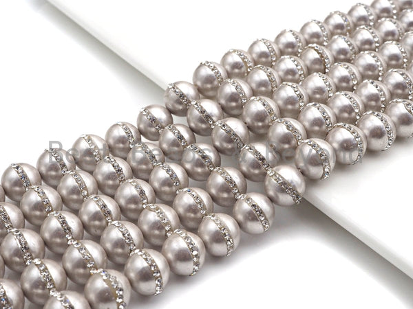 6mm/8mm/10mm/12mm SLIVER GRAY Pearl with Rhinestone Inlaid, Silver Gray Round Mother of Pearl Beads, 15.5'' Full strand, Sku#V61 Bestbeads&Beyond