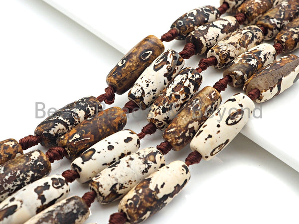 1pc/11pc Natural Tibetan Agate Barrel Spacer Beads, Brown White Dzi Spacer Beads, Tibetan Dzi Beads, 11x25mm, sku#U868