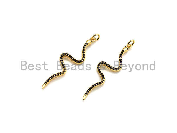 Black CZ Micro Pave Snake Shape Pendant/Charm, Snakea Cubic Zirconia Pendant, Gold Tone,10x39mm,Sku#Z794