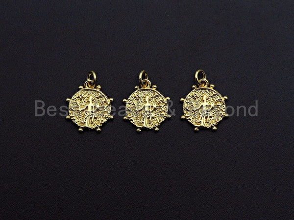 Medallion Dancing Lady Pendant, Embossment Disc Pendant, Cubic Zirconia Pendant, Gold Tone, 13mm, Sku#Z802