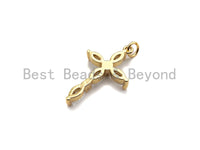Bagette CZ Micro Pave Cross Flower Pendant, Cubic Zirconia Cross Pendant, Gold Tone pendant, 17x28mm, sku#F1106
