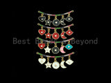 CZ Micro Pave Enamel Curved Bar with Dangle Heart Star Moon Pendant/Charm,Enamel Necklace Bracelet Pendant, 19x55mm,sku#F1133
