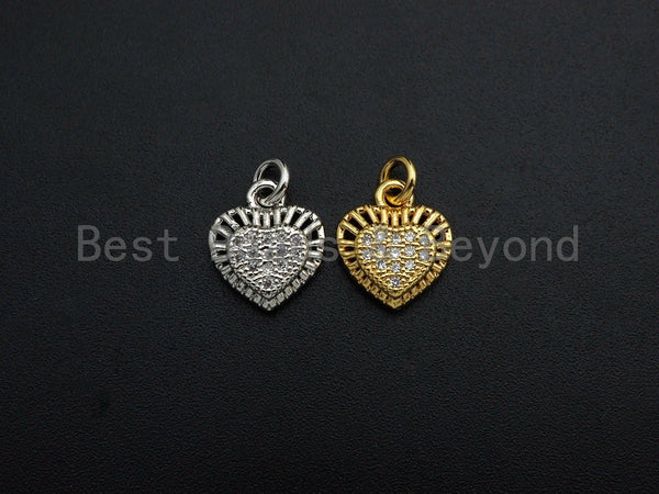 CZ Micro Pave Heart Shaped Pendant/Charm with Lace Edge, Clear Cubic Zirconia Pave Charm, Silver/Gold Plated, 10x11mm, sku#F1136