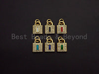 CZ Micro Pave Rectangle Colorful Enamel Lock Shape Pendant/Charm,Cubic Zirconia Paved Charm, 8x11mm, sku#F1141