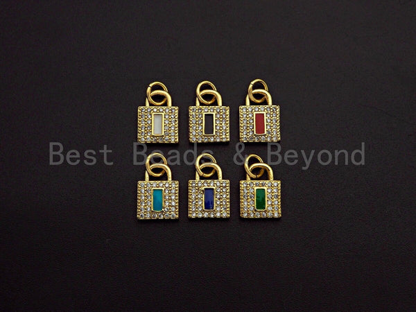 CZ Micro Pave Rectangle Colorful Enamel Lock Shape Pendant/Charm,Cubic Zirconia Paved Charm, 8x11mm, sku#F1141