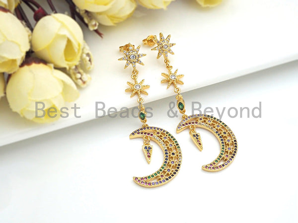 CZ Micro Pave Star Moon Dangle&Drop Earrings, Colorful CZ micro pave earrings, 18x63mm, sku#J240