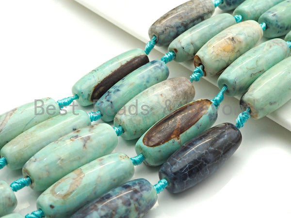 1pc/8pc Natural Turquoise Blue Agate Barrel Spacer Beads, Blue Black Agate Spacer Beads, Tibetan Dzi Beads, 14x40mm, sku#U884 BestbeadsbeyondUS