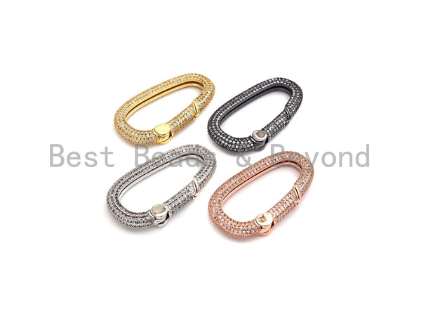 Gold Carabiner Screw Lock, CZ Oval Clasps in Silver Bracelet