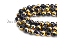 NEW!!! Natural Half Gold Plated Black Onyx Beads, 8mm/10mm/12mm Round Faceted Gold Black Onyx Beads, 15.5" Full Strand, sku# UA87 Bestbeads&Beyond