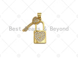 18K Gold CZ Micro Pave Lock with Key Pendant, Lock Pave Pendant, Gold Padlock, 12x26mm, Sku#LK18