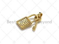 18K Gold CZ Micro Pave Lock with Key Pendant, Lock Pave Pendant, Gold Padlock, 12x26mm, Sku#LK18