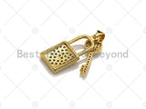 18K Gold CZ Micro Pave Lock with Key Pendant, Lock Pave Pendant, Gold Padlock, 12x26mm, Sku#LK18