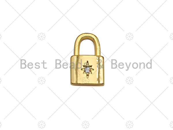 18K Gold Dainty Pad Lock Charm with Pave Star, Pave lock Pendant, Gold/Silver Padlock, 8x12mm, Sku#LK31