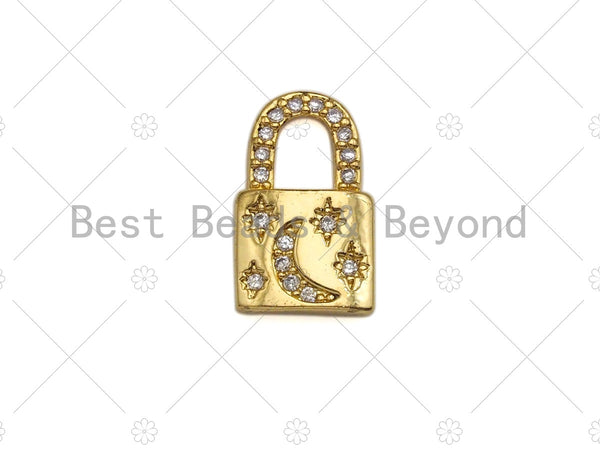 18K Dainty Gold Padlock with CZ Micro Pave Moon and Star, Padlock Charm, Lock Charm, 8x13mm, Sku#LK29