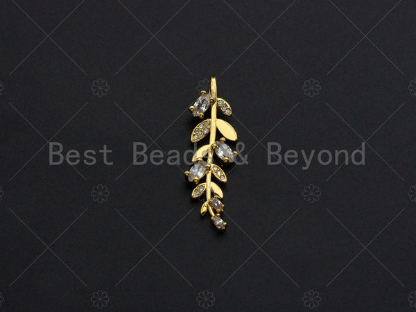 18K Gold  CZ Pave Leaf Pendant, Gold Leaf Pendant, Gold plated Leaf, 9x30mm, Sku#LK27